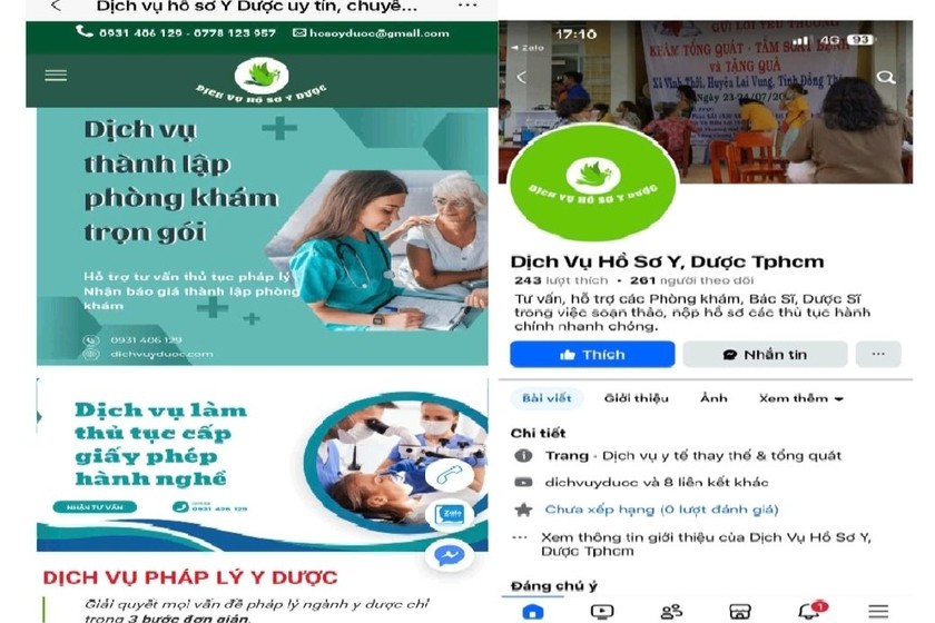 Các quảng cáo cung ứng trái phép dịch vụ làm giấy phép hoạt động về y tế trên TikTok, website, facebook. Ảnh: Sở Y tế TP HCM