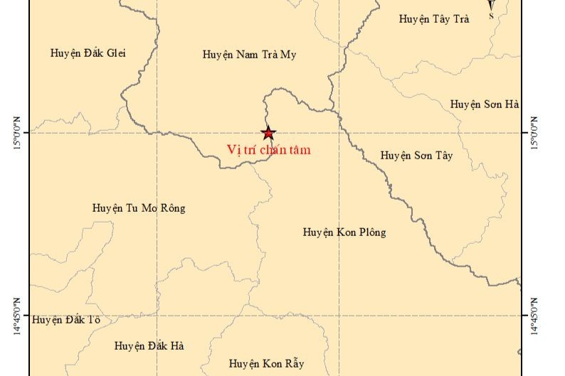 Vị trí chấn tâm của trận động đất có độ lớn 4.2 độ richter tại huyện Kon Plông, tỉnh Kon Tum.