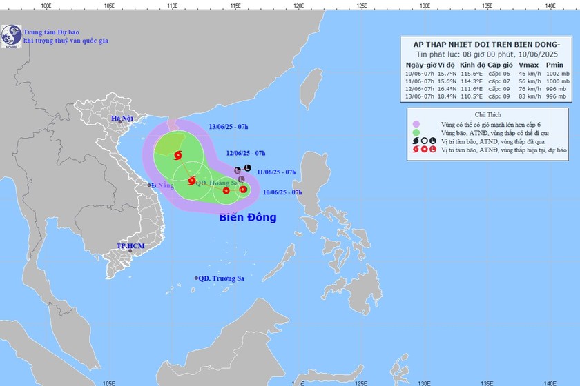 Dự báo vị trí, hướng di chuyển của áp thấp nhiệt đới. Ảnh: Trung tâm dự báo KTTV Quốc gia.