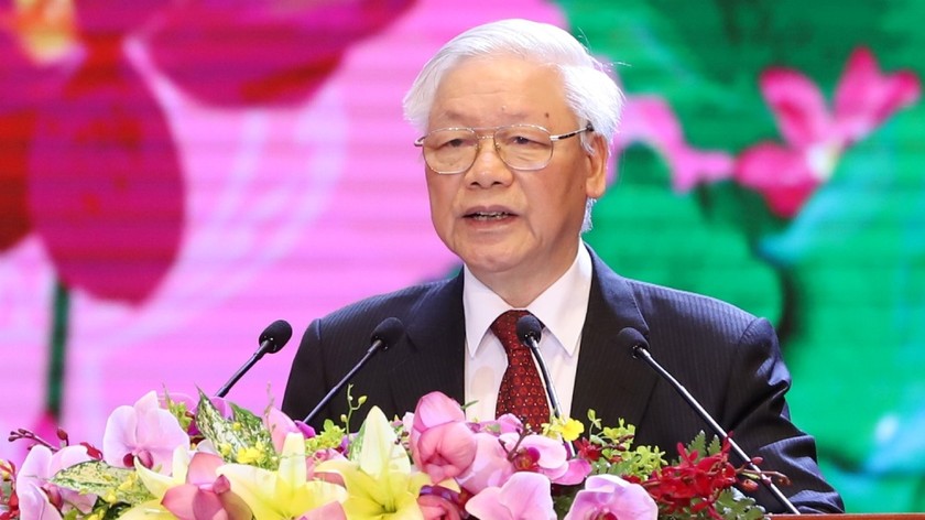 Tổng Bí thư, Chủ tịch nước Nguyễn Phú Trọng đọc diễn văn tại Lễ kỷ niệm 130 năm ngày sinh Chủ tịch Hồ Chí Minh. Ảnh Nhật Bắc/VGP
