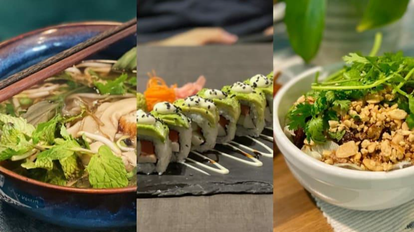 (Từ trái sang) Phở từ The Kind Bowl, Avocado Roll Maki từ Herbivore và BBQ Delight, cũng từ The Kind Bowl. Ảnh: abillion