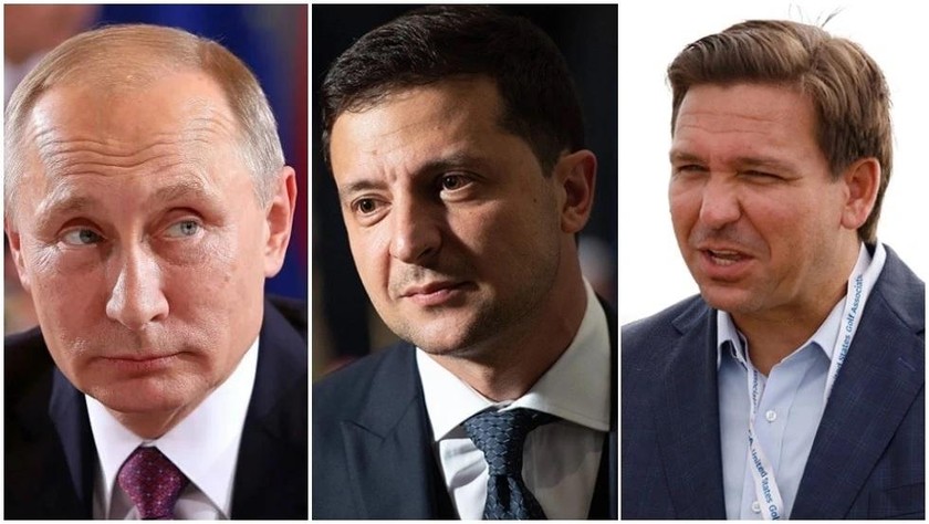 Tổng thống Nga Vladimir Putin, Tổng thống Ukraina Volodymyr Zelensky và Thống đốc bang Florida (Mỹ) Ron DeSantis. Ảnh: Time