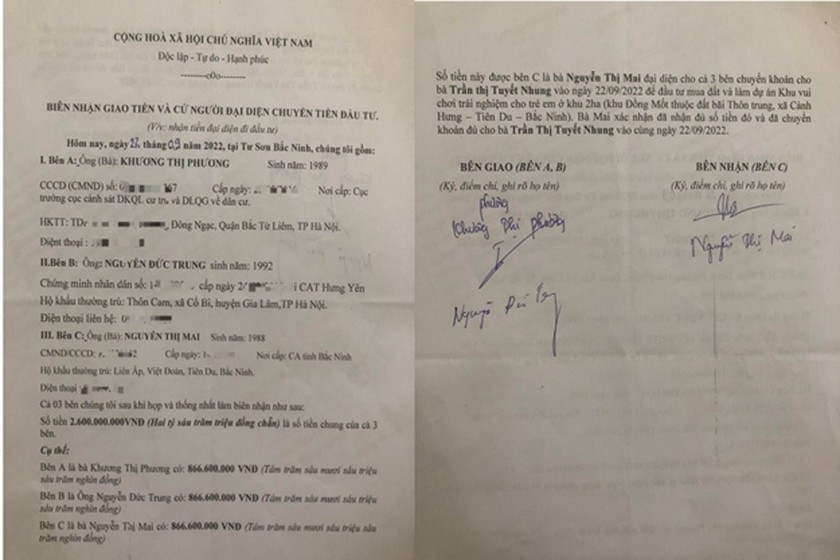 Giấy biên nhận và cử người đại diện chuyển tiền đầu tư được lập ngày 22/9/2022 giữa 3 người.