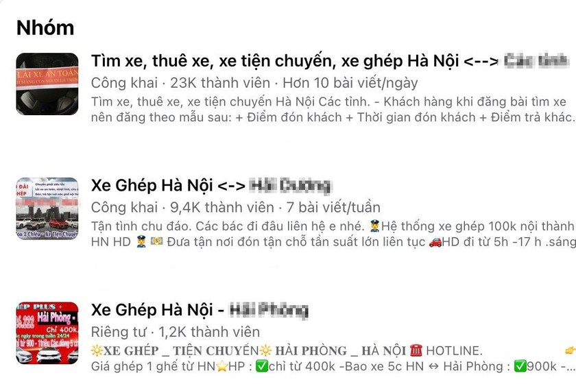 Dễ dàng tìm thấy các nhóm xe ghép trên mạng xã hội. (Ảnh: Chụp màn hình) 