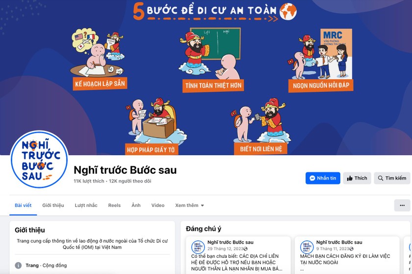 Fanpage “Nghĩ trước Bước sau”, đóng vai trò quan trọng trong việc truyền tải thông tin về di cư an toàn. (Nguồn: Ảnh chụp màn hình)