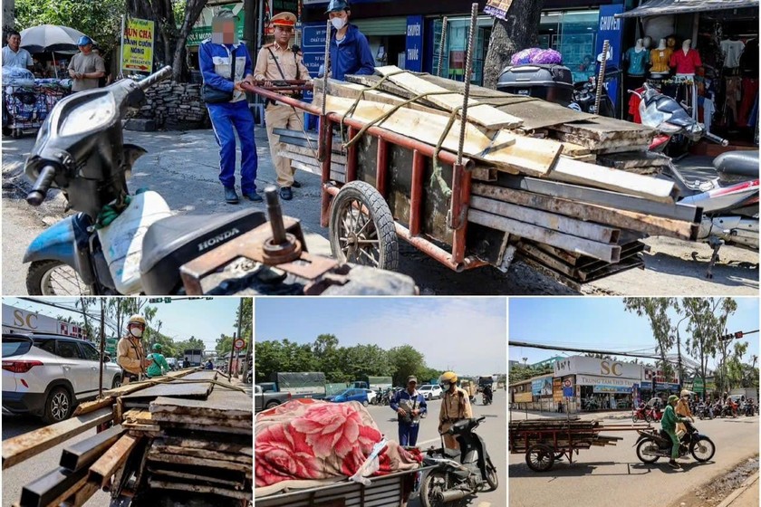 Cảnh sát giao thông Hà Nội tăng cường kiểm soát, xử lý phương tiện tự chế, chở hàng hóa gây mất an toàn giao thông. (Ảnh: Công an TP Hà Nội) 