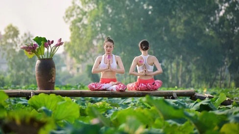 Ngồi thiền, tập yoga giữa hồ sen. (Ảnh: Linh Văn Đinh)