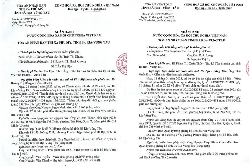 Bản án của TAND Phú Mỹ và TAND tỉnh Bà Rịa - Vũng Tàu. (Ảnh: Gia Hải) 