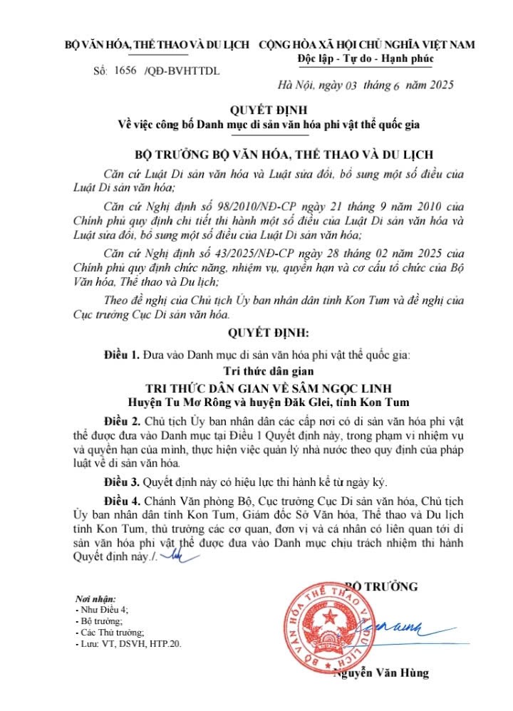 Quyết định số 1656 của Bộ Văn hóa, Thể thao và Du lịch.