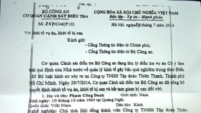 Khởi tố, bắt tạm giam 3 lãnh đạo cấp cao Tập đoàn Thiên Thanh