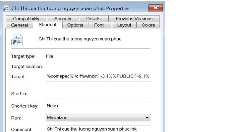 Thuộc tính tập tin mã độc bị lực lượng Công an phát hiện.