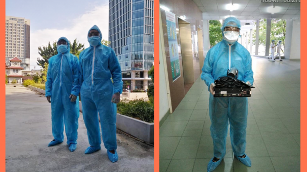 Các nhân viên kỹ thuật của Viettel triển khai lắp đặt hệ thống ở Bệnh viện dã chiến đặt trong Cung thể thao Tiên Sơn (Đà Nẵng).