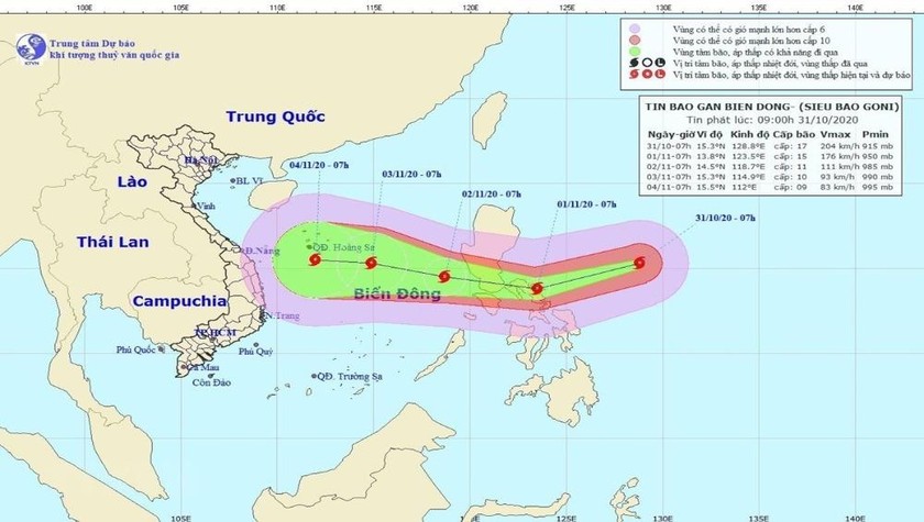 Vị trí và đường đi của siêu bão Goni. Ảnh: TTKTTVQG