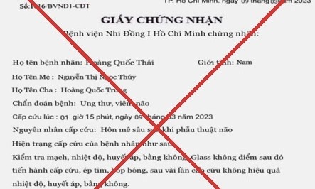 Giấy chứng nhận giả mạo. Nguồn ảnh BV Nhi Đồng 1