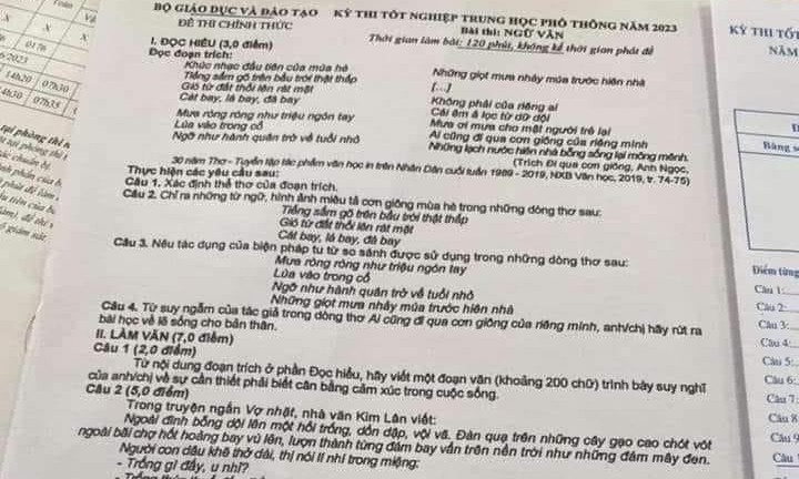 Đề thi môn Ngữ Văn lan truyền trên mạng xã hội.