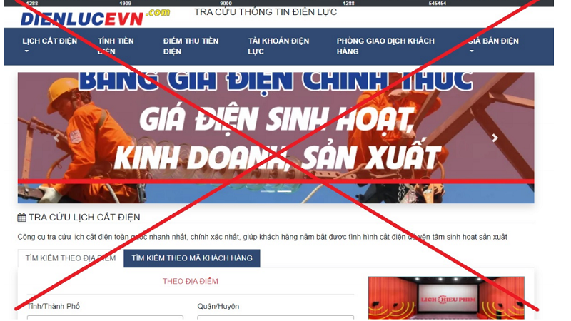 Hình ảnh website giả mạo EVN.