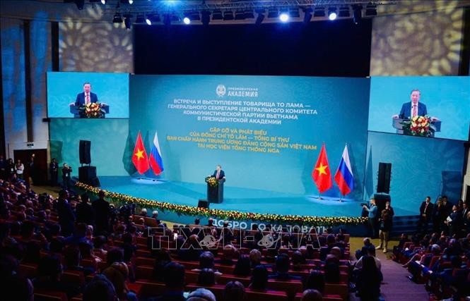 Tổng Bí thư Tô Lâm phát biểu Chính sách tại Học viện Tổng thống Nga. Ảnh: TTXVN phát