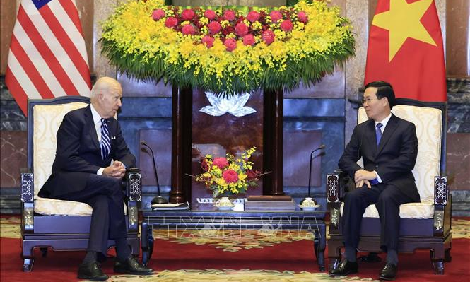 Chủ tịch nước Võ Văn Thưởng hội kiến Tổng thống Hoa Kỳ Joe Biden. Ảnh: TTXVN