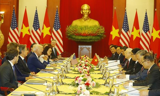 Tổng Bí thư Nguyễn Phú Trọng hội đàm với Tổng thống Hoa Kỳ Joe Biden. Ảnh: TTXVN