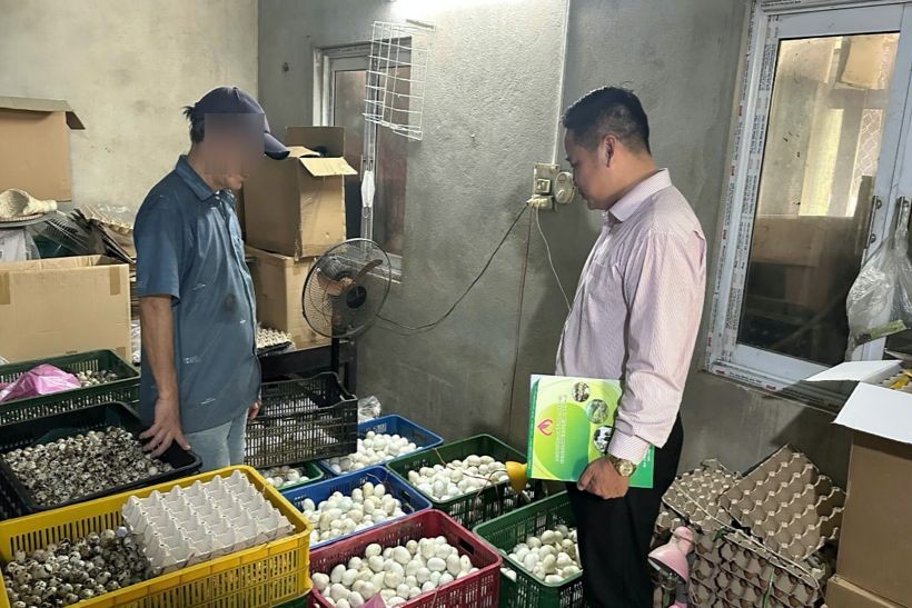 Cán bộ NHCSXH kiểm tra sử dụng vốn vay tại cơ sở kinh doanh trứng của anh Đồng Hữu V.