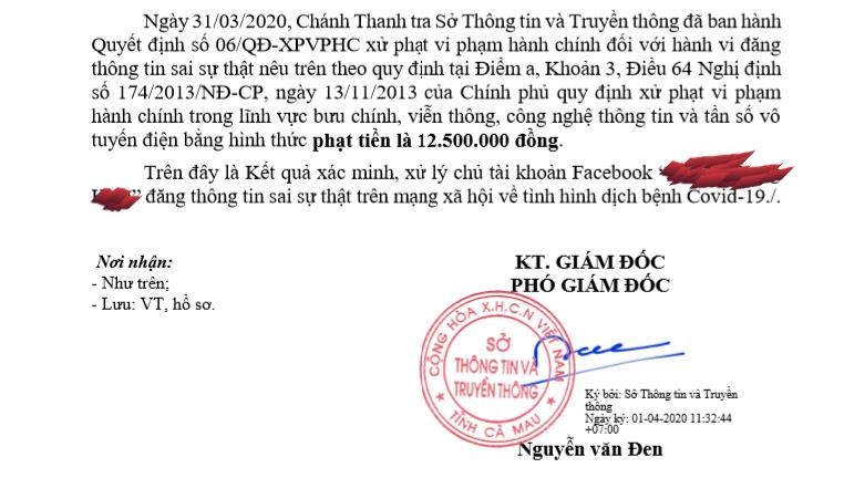 Sở Thông tin và Truyền thông tỉnh Cà Mau đã quyết định xử phạt vi phạm hành chính 12.500.000 đồng đối với ông L.C.T vì đã có hành vi đăng thông tin sai sự thật.