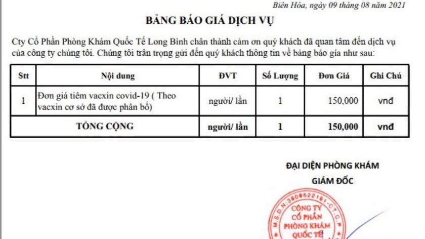 Bảng báo giá dịch vụ tiêm Vaccine phòng COVID-19 của Phòng khám Đa khoa quốc tế Long Bình (TP Biên Hòa, Đồng Nai)