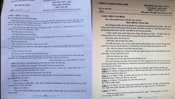 Đề thi tuyển sinh vào lớp 10 giống với đề kiểm tra học kỳ II của Phòng GD&ĐT TP Đồng Hới