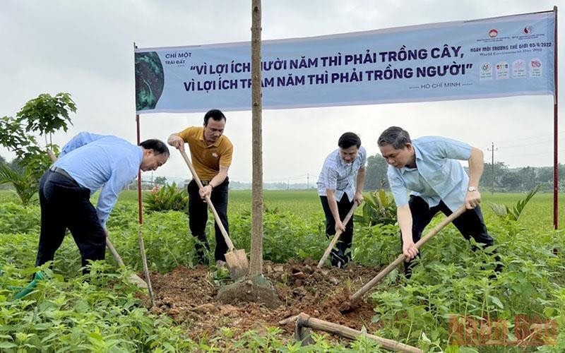 Các đại biểu tham gia trồng cây xanh bảo vệ môi trường (Ảnh: Lê Hanh)