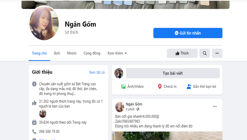 Nhiều khách hàng bị facebook Ngân gốm lừa tiền thông qua hình thức bán hàng online.(Ảnh chụp màn hình facebook Ngân gốm).