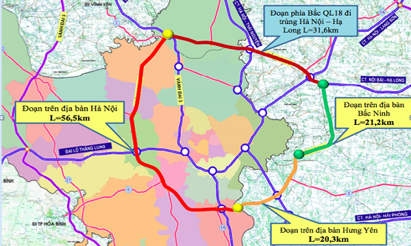 Hướng tuyến đường Vành đai 4 đi qua các tỉnh và Hà Nội.
