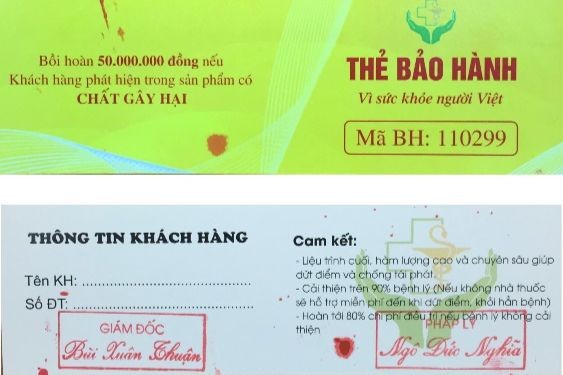 Thông tin ghi trên Thẻ bảo hành của các đối tượng lừa đảo.