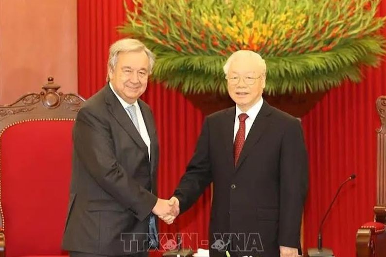 Tại buổi tiếp của Tổng Bí thư Nguyễn Phú Trọng, Tổng Thư ký LHQ António Guterres đánh giá cao những nỗ lực to lớn của Việt Nam. (Ảnh: TTXVN)