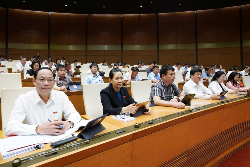 Các đại biểu Quốc hội nghe Tờ trình tóm tắt của Chính phủ về dự án Luật Thanh tra (sửa đổi). (Ảnh: Cổng TTĐTQH)