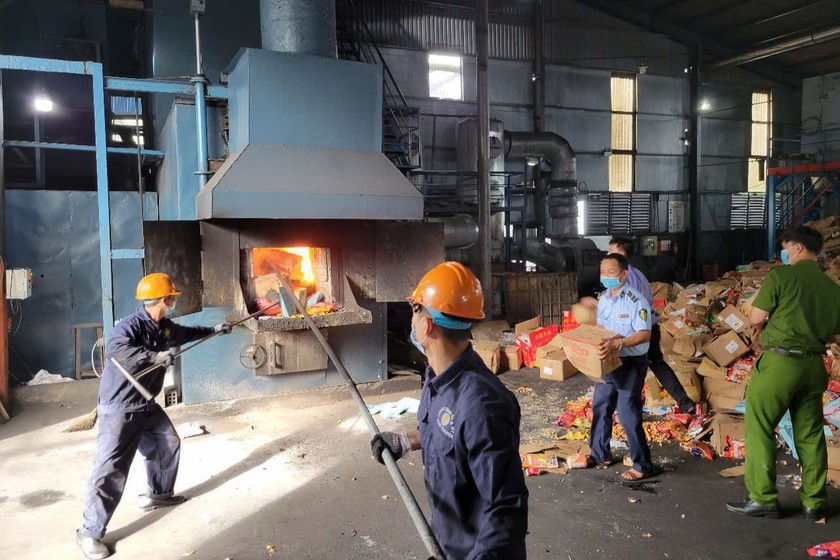 Lực lượng chức năng hiện công tác giám sát quá trình tiêu huỷ.