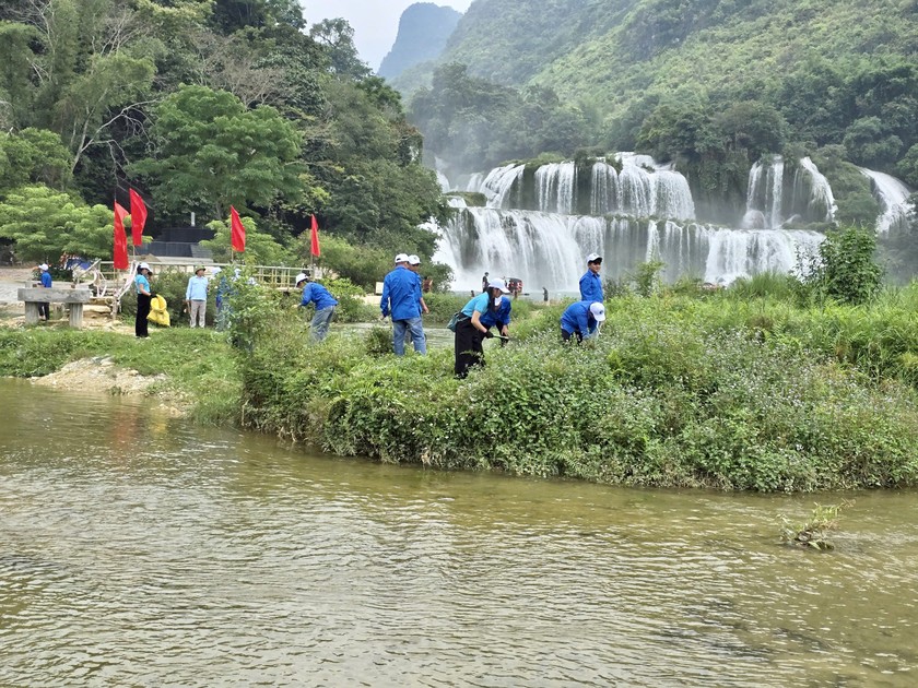 Các Đoàn viên, Thanh niên phát quang thực bì, cỏ dại tại khu vực thác Bản Giốc (Ảnh: Lê Hanh)