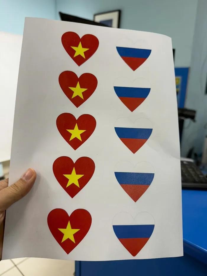 Hoàng Yến có em trai là chiến sĩ trực tiếp tham gia diễu binh, chị chuẩn bị sẵn sticker cờ Việt Nam và Nga để cổ vũ các khối. Ảnh: NVCC.
