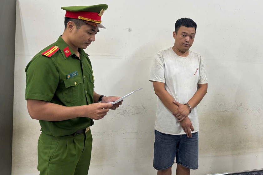 Đối tượng Thái Ngọc Anh tại trụ sở công an.