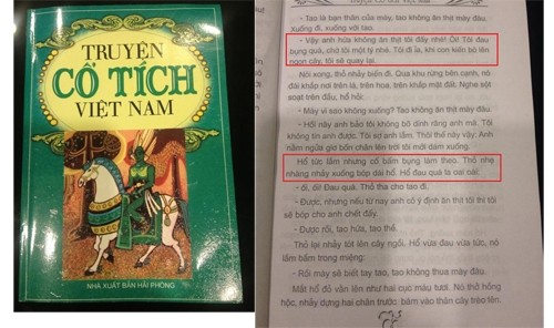 Sách "Truyện cổ tích Việt Nam" và trang truyện "Thỏ trắng và Hổ xám".