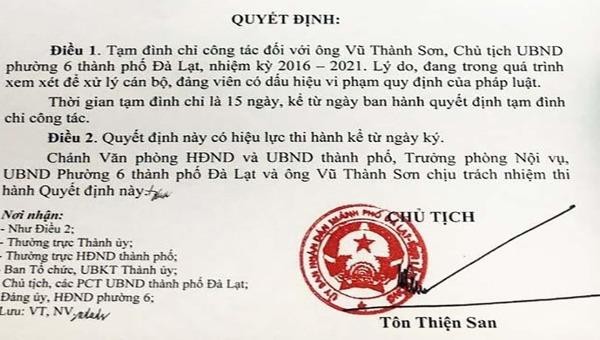 Quyết định tạm đình chỉ công tác đối với ông Vũ Thành Sơn.