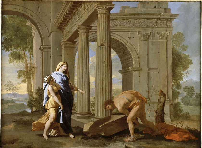 Theseus nâng tảng đá tìm đồ của cha mình để lại. 