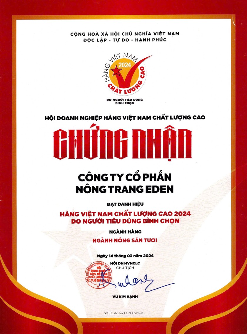 Công ty Cổ phần Nông trang Eden (Eden Farm) đạt danh hiệu Hàng Việt Nam Chất lượng cao 2024.