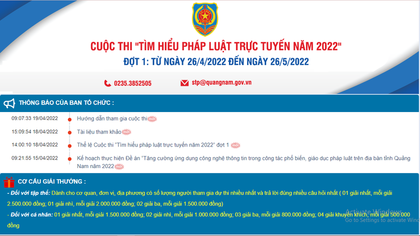 Cuộc thi tìm hiểu pháp luật được tổ chức công khai, rộng rãi thông qua hình thức thi trắc nghiệm trực tuyến. (Ảnh: Chụp màn hình)