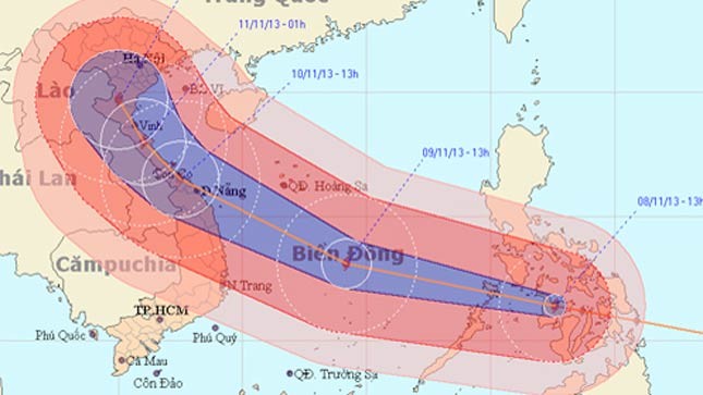 Dự kiến đường đi của bão Hải Âu chiều 8/11. Ảnh: NCHMF 