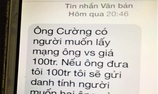 Tin nhắn đe dọa được gửi đến số điện thoại của ông Cường