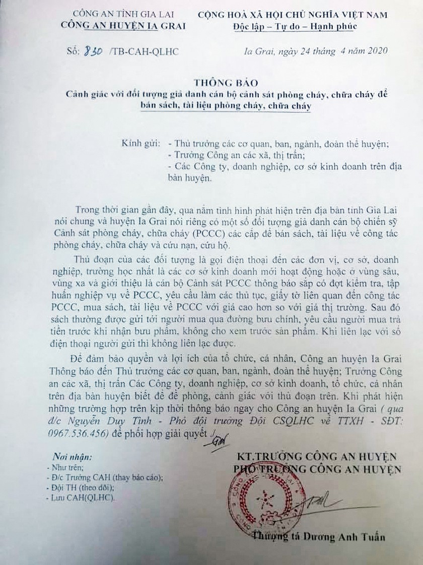 Công văn của Công an huyện Ia Grai cảnh báo người dân.
