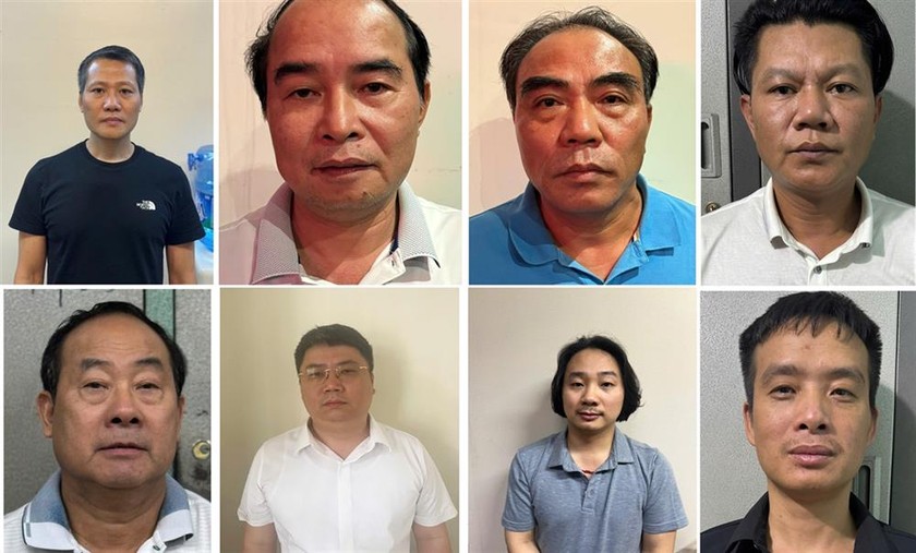 Các đối tượng từ trái qua phải: Bùi Thanh Bình, Nguyễn Văn Bình, Ngô Tiến Cương, Nguyễn Duy Nghiệp, Nguyễn Xuân Tốt, Nguyễn Văn Đức, Lê Xuân Định, Nguyễn Trường Giang. (Ảnh: Bộ Công an). 