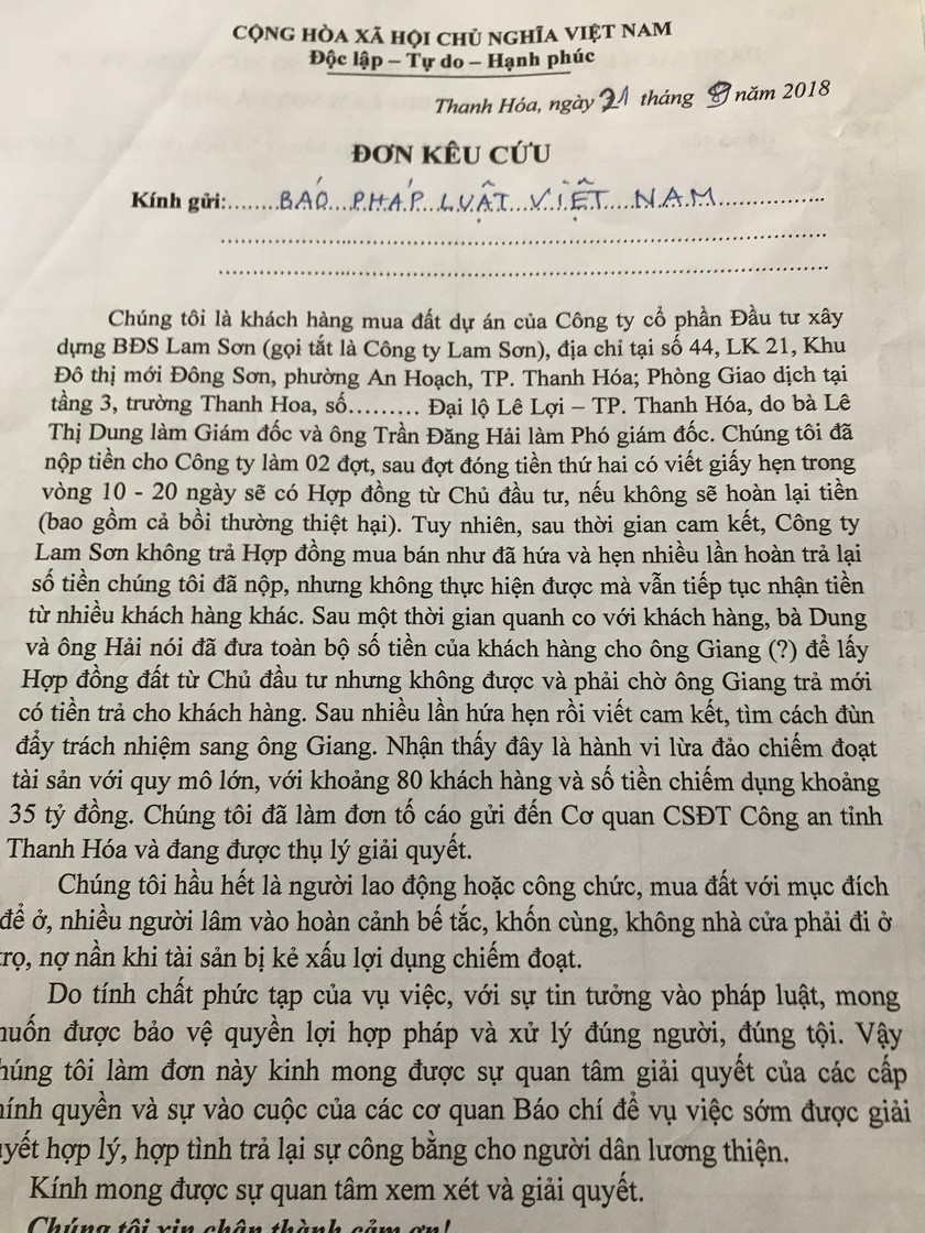 Đơn tố cáo được gửi tới Báo Pháp luật Việt Nam