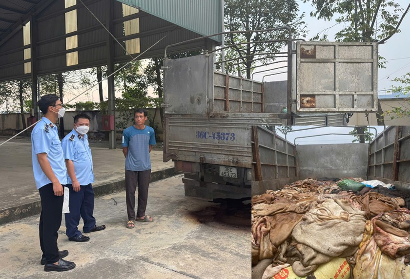 Chiếc xe tải chở gần 5 tấn da trâu, bò không rõ xuất xứ bị lực lượng chức năng Thanh Hóa bắt giữ (Ảnh: CATH)