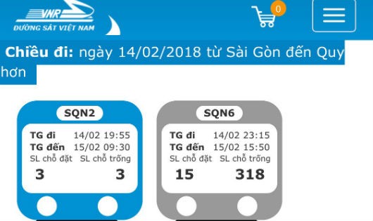 Trên trang bán vé tàu trực tuyến của ngành Đường sắt, các tuyến tàu về miền Trung dịp cận Tết luôn trong tình trạng “đã bán hết” 